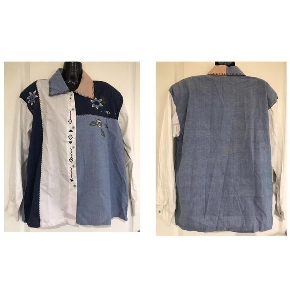 Caribbean Pacific Patchwork Embroidered Button-Up Oversized Shirt Vintage 90s - Picture 3 of 4